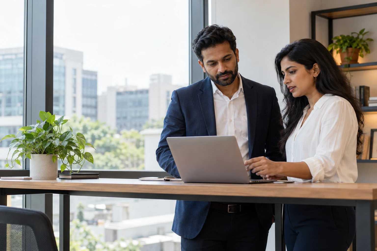 Two business professionals reviewing their plans together