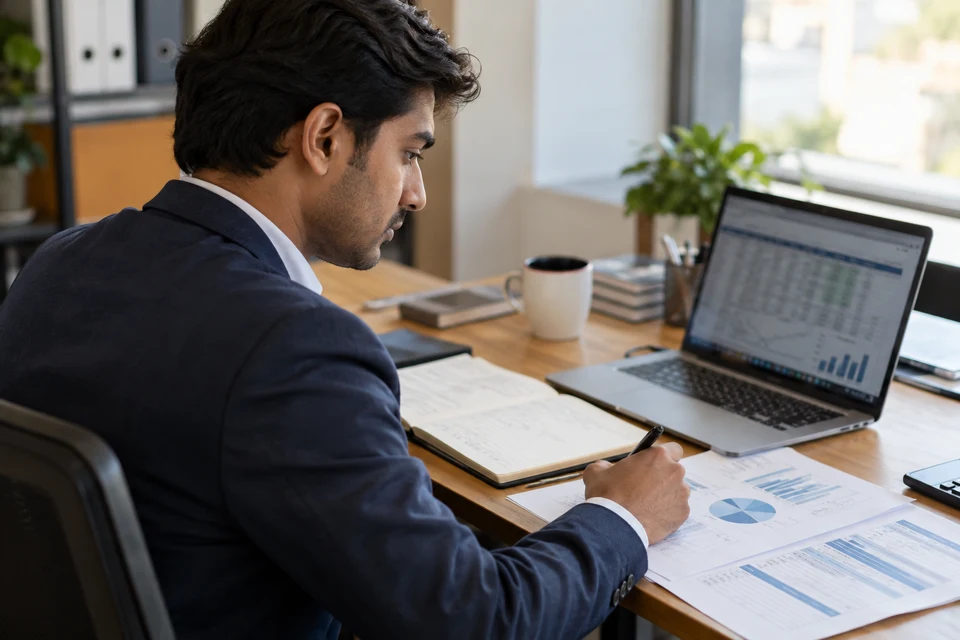Finance professionals reviewing business information